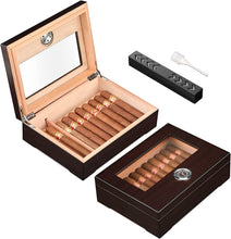 Load image into Gallery viewer, TISFA Cigar Humidor, Glass Top Cigar Box with Hygrometer Humidifier and Divider, Desktop Cedar Wood Storage Case Holds 20-30 Cigars