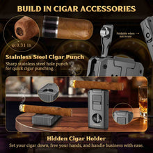 Load image into Gallery viewer, LIHTUN 5-in-1 Cigar Lighter, 2 Jet Flame Refillable Butane Torch Lighter, Manual Flame Adjustment Switch, Built-in Punch, Guillotine Cigar Cutter, V Cutter, 2 Cigar Stands