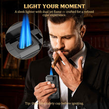 Load image into Gallery viewer, LIHTUN 5-in-1 Cigar Lighter, 2 Jet Flame Refillable Butane Torch Lighter, Manual Flame Adjustment Switch, Built-in Punch, Guillotine Cigar Cutter, V Cutter, 2 Cigar Stands