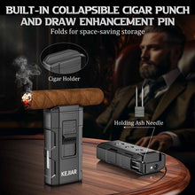 Load image into Gallery viewer, KEJIAR 4-in-1 Cigar Lighter, 2 Jet Flame Refillable Butane Torch Lighter, 3-Size Cigar Punch Cutter, Nubber & Stand, Ideal Gift for Men