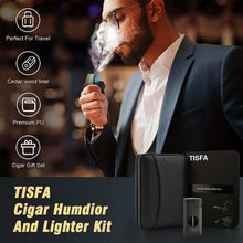 Load image into Gallery viewer, TISFA Travel Humidor, Leather Cigar Case with Cedar Wood Interior, All-in-One Cigar Lighter, V-Cut Cutter, Cigar Rest, Compact Travel Humidor with Built-in Humidifier