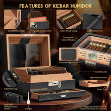 Load image into Gallery viewer, KEJIAR Cedar Wood Lined Humidor for 45-60 Cigars, Acrylic Top Cigar Box with Lock, Digital Hygrometer 2 Adjustable Humidifiers Drawer Cedar Tray Divider, Desktop Cigar Storage Case