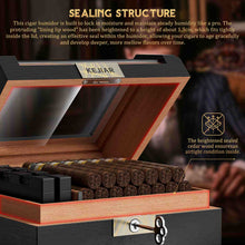 Load image into Gallery viewer, KEJIAR Cedar Wood Lined Humidor for 45-60 Cigars, Acrylic Top Cigar Box with Lock, Digital Hygrometer 2 Adjustable Humidifiers Drawer Cedar Tray Divider, Desktop Cigar Storage Case