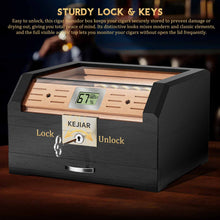 Load image into Gallery viewer, KEJIAR Cedar Wood Lined Humidor for 45-60 Cigars, Acrylic Top Cigar Box with Lock, Digital Hygrometer 2 Adjustable Humidifiers Drawer Cedar Tray Divider, Desktop Cigar Storage Case