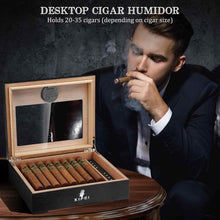 Load image into Gallery viewer, XIFEI Wooden Humidor, Glass Top Cigar Box with Digital Hygrometer, Humidifier and Divider, Desktop Cedar Wood Cigar Humidor Holds 20-30 Cigars