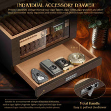 Load image into Gallery viewer, TISFA Wooden Humidor with 2 Digital Hygrometer, Cedar Wood Cigar Box with 2 Humidifiers, Cedar Tray, Divider, Accessory Drawer, Acrylic Travel Cigar Tube, Large Desktop Humidors Holds 50-65 Cigars